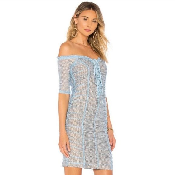 Majorelle Baby Blue Ava Off-The-Shoulder Ruched Bodycon Mini Dress Size Medium - Picture 1 of 7